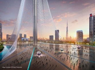 Cable netting at the Dubai Creek Tower. Aurecon serves as engineer/architect-of-record for the project. Image courtesy of Emaar Properties.