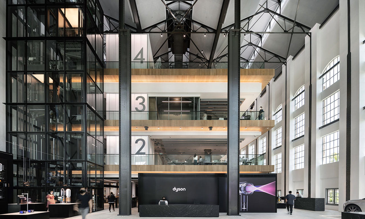 The architectural design included retaining the steel beams and columns of the original power station to preserve the essence and structure of the historic building and this required careful planning and coordination of MEP services at the Dyson Headquarters.