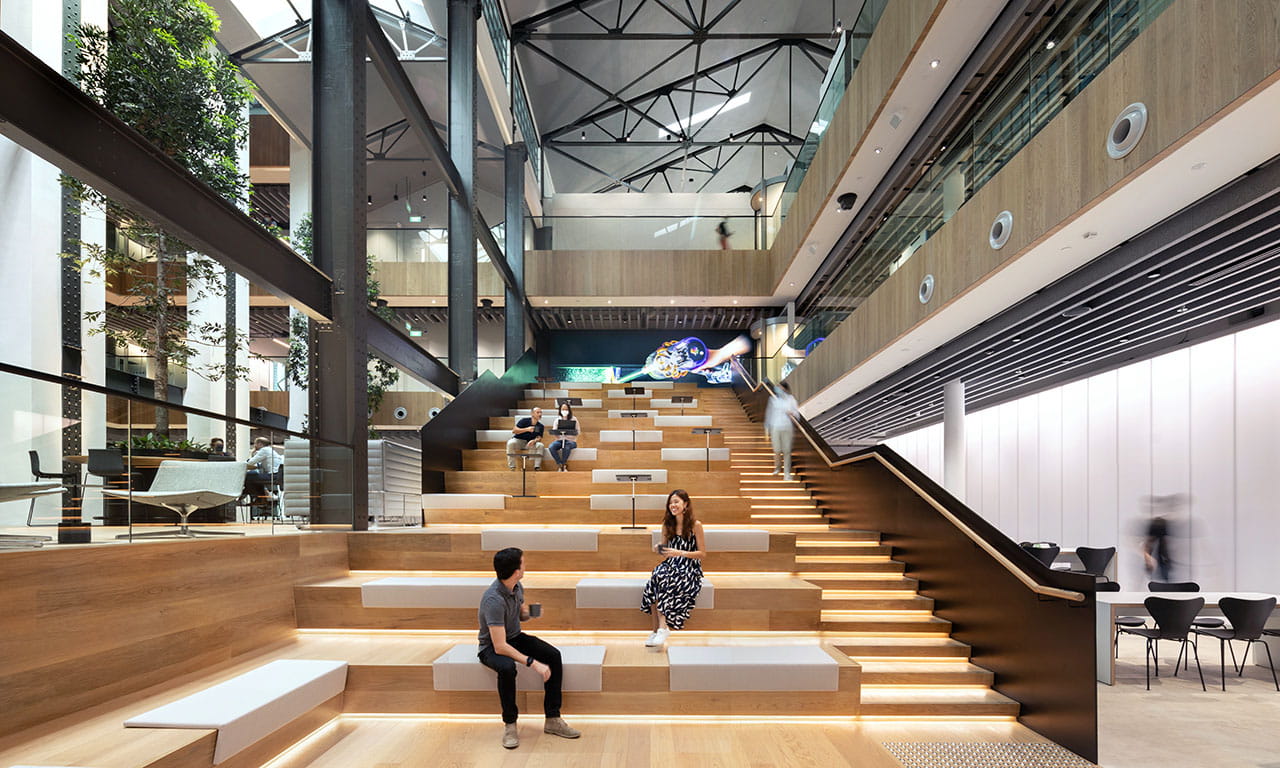 Aurecon developed practical acoustic criteria and treatment to manage noise generated from the large open workspaces and open atriums for Dyson Headquarters. 