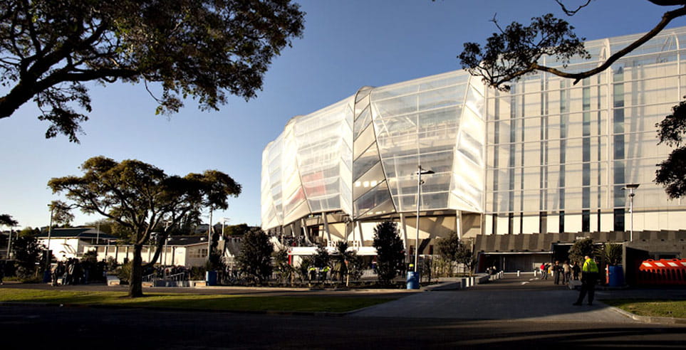 Exterior view of the Eden Park Stadium.