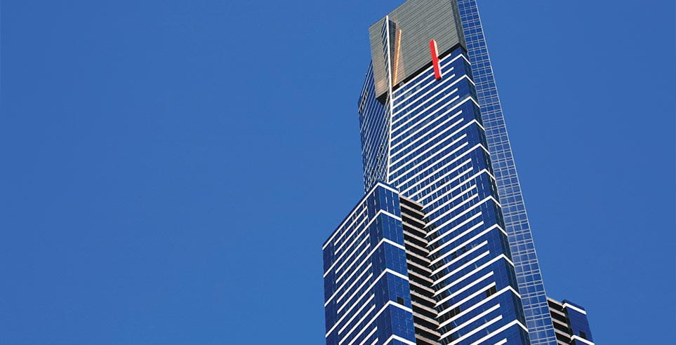 Eureka Tower rises 300 metres and 88 storeys above Melbourne.