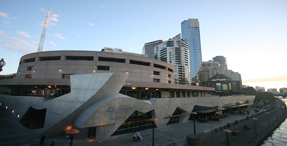 The outside of Hamer Hall, located next to the river boardwalk.