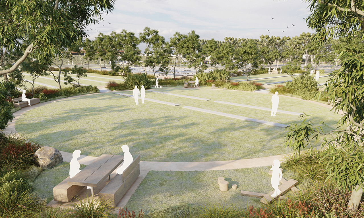 Designed as a memorial park with a peaceful, nature-based sanctuary for remembrance and reflection. Architectural impression only (Landscape design and render courtesy of McGregor Coxall).