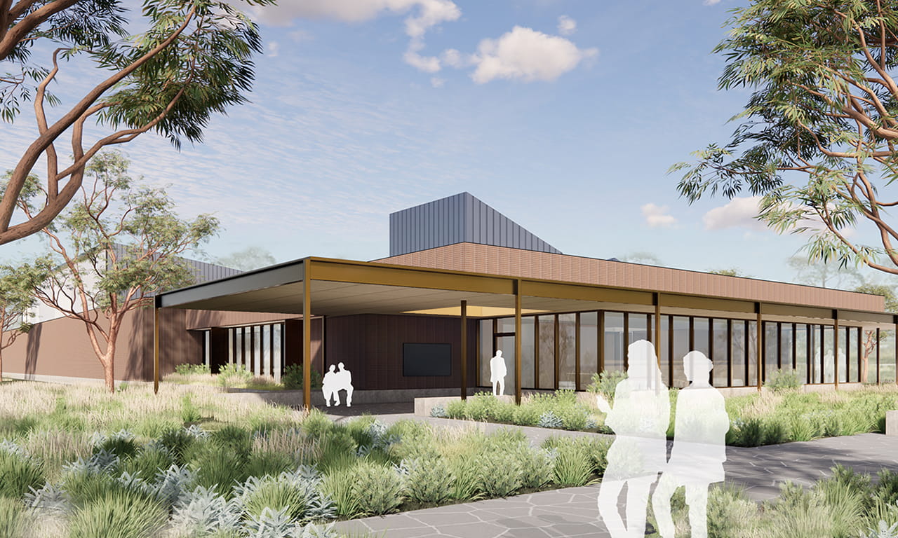 Administration and operations building intertwined with a natural landscape. Architectural impression only (building design and render courtesy of Architectus).