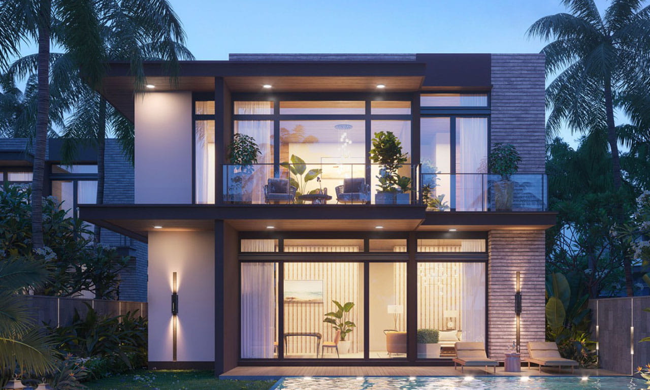 Artist impression of villa at night. Aurecon is providing the mechanical, electrical and plumbing engineering for the villas, hotel building and associated infrastructure.