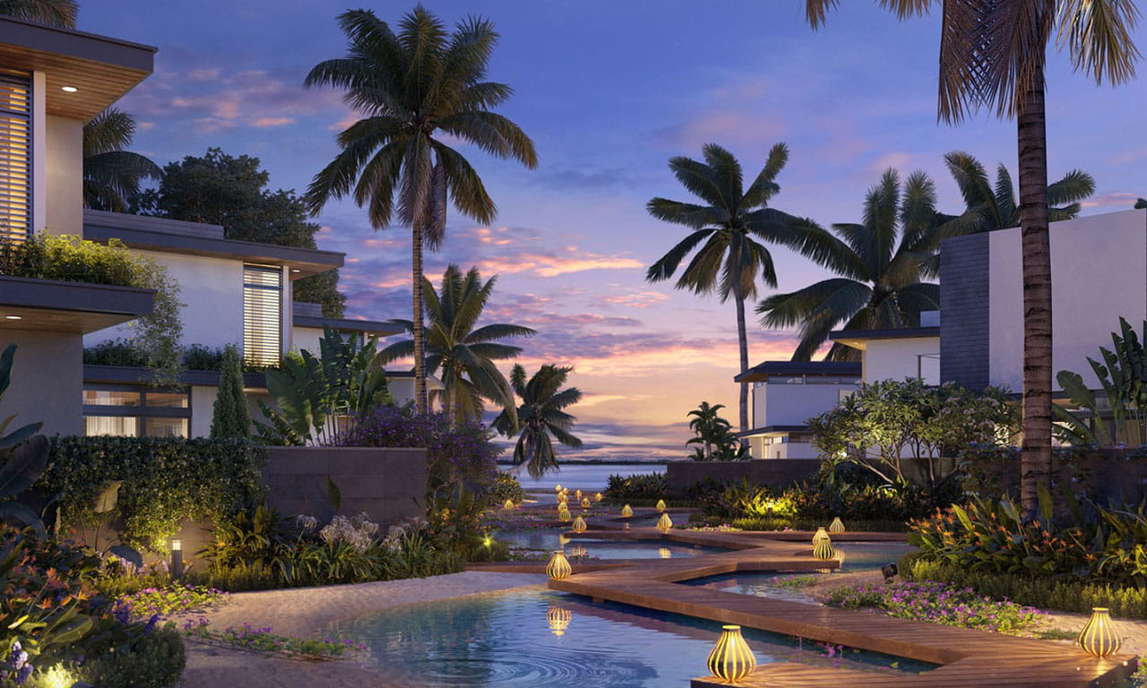 The residential villas and hotel building take inspiration from nature with green roofs and natural materials used in the construction of gathering spaces.