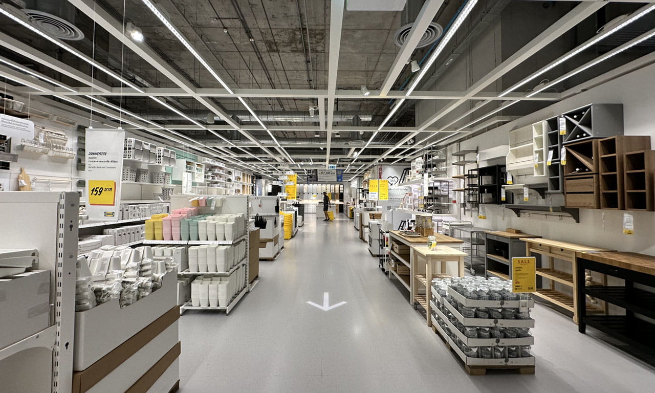 At IKEA, shoppers can walk around a vast showroom filled with modern furniture, home accessories, kitchenware, and smart storage solutions.