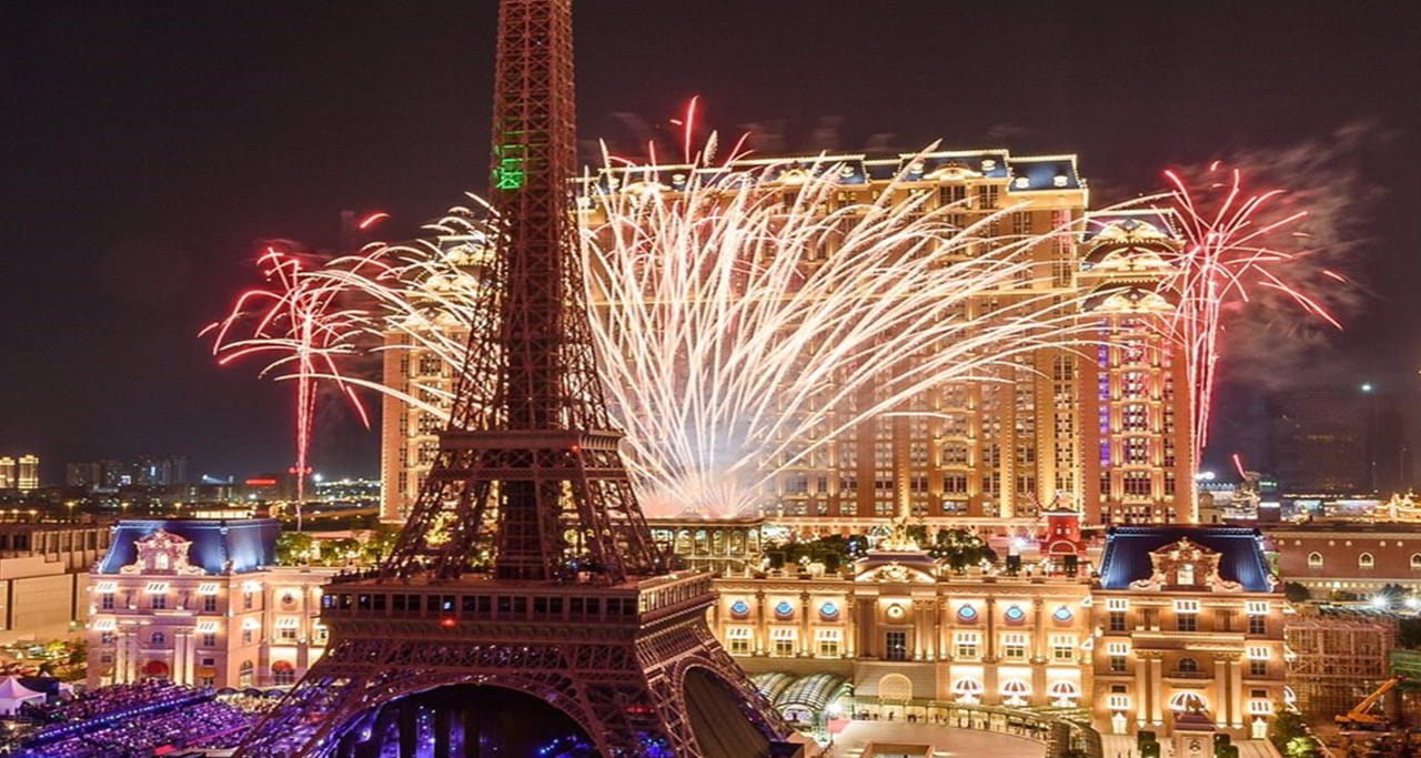 Macau Eiffel Tower with fireworks.