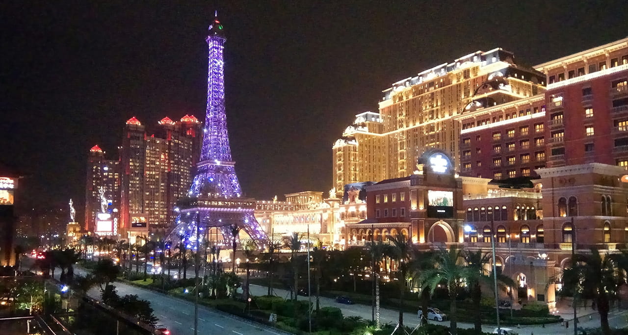 Macau Eiffel Tower stands tall among hotels and is a landmark feature and a popular observation point.