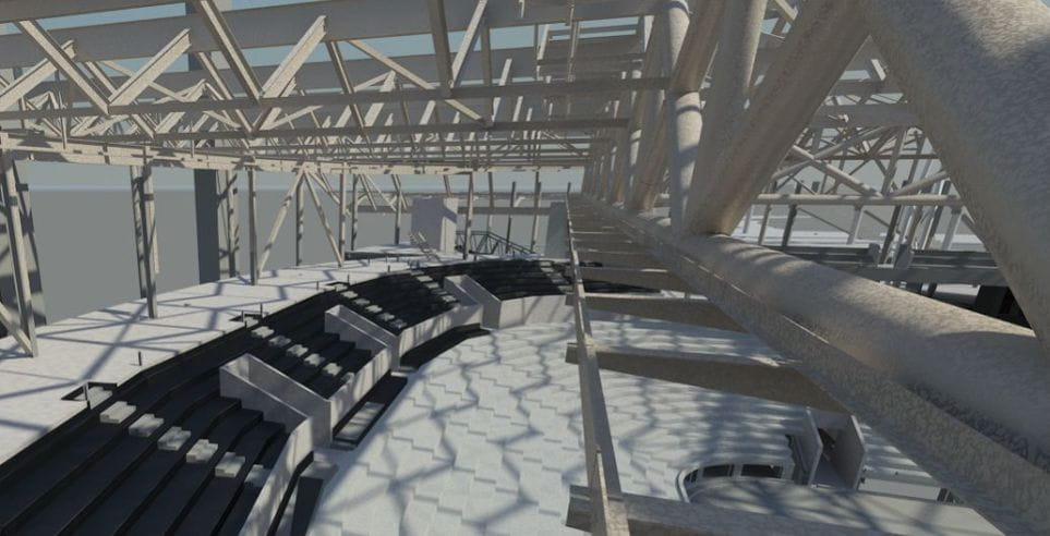 Structural components of the Margaret Court Arena, western precinct from inside the arena.