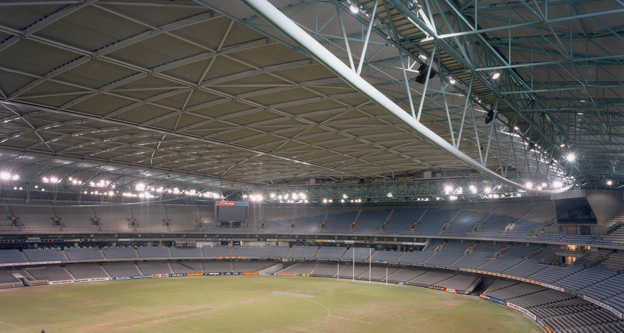 Inside Marvel Stadium, Melbourne with the roof closed.