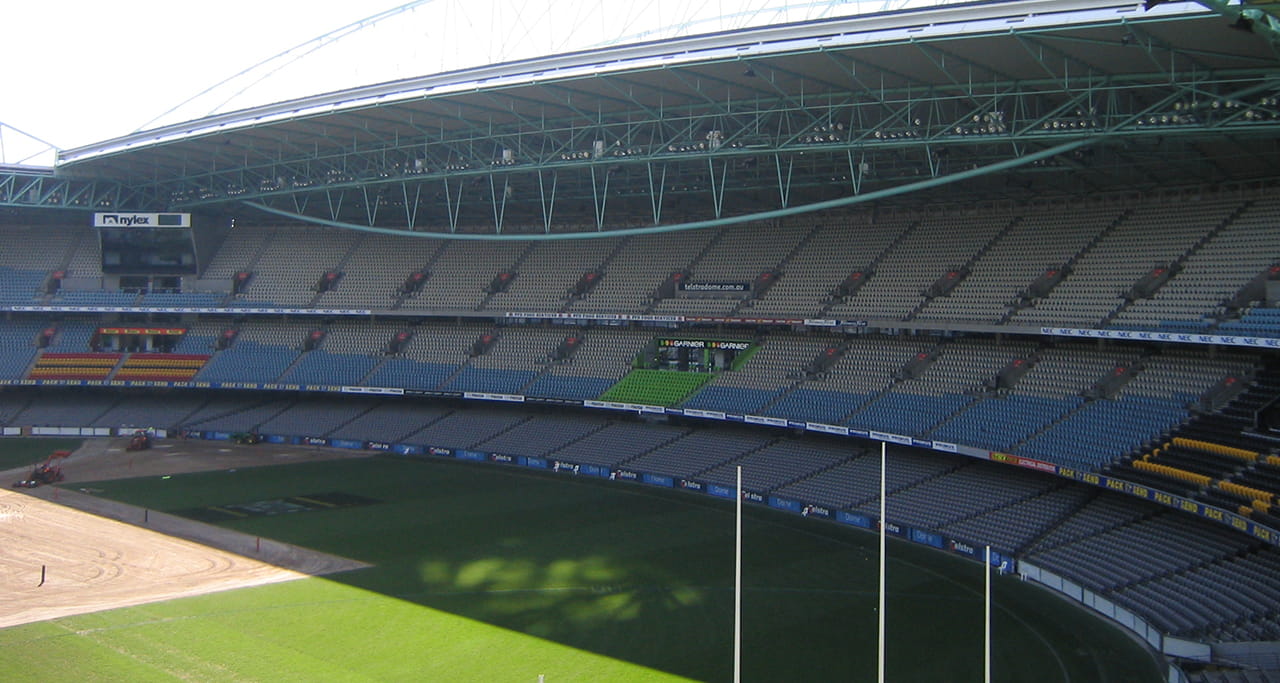 Inside Marvel Stadium, Melbourne with the roof open.