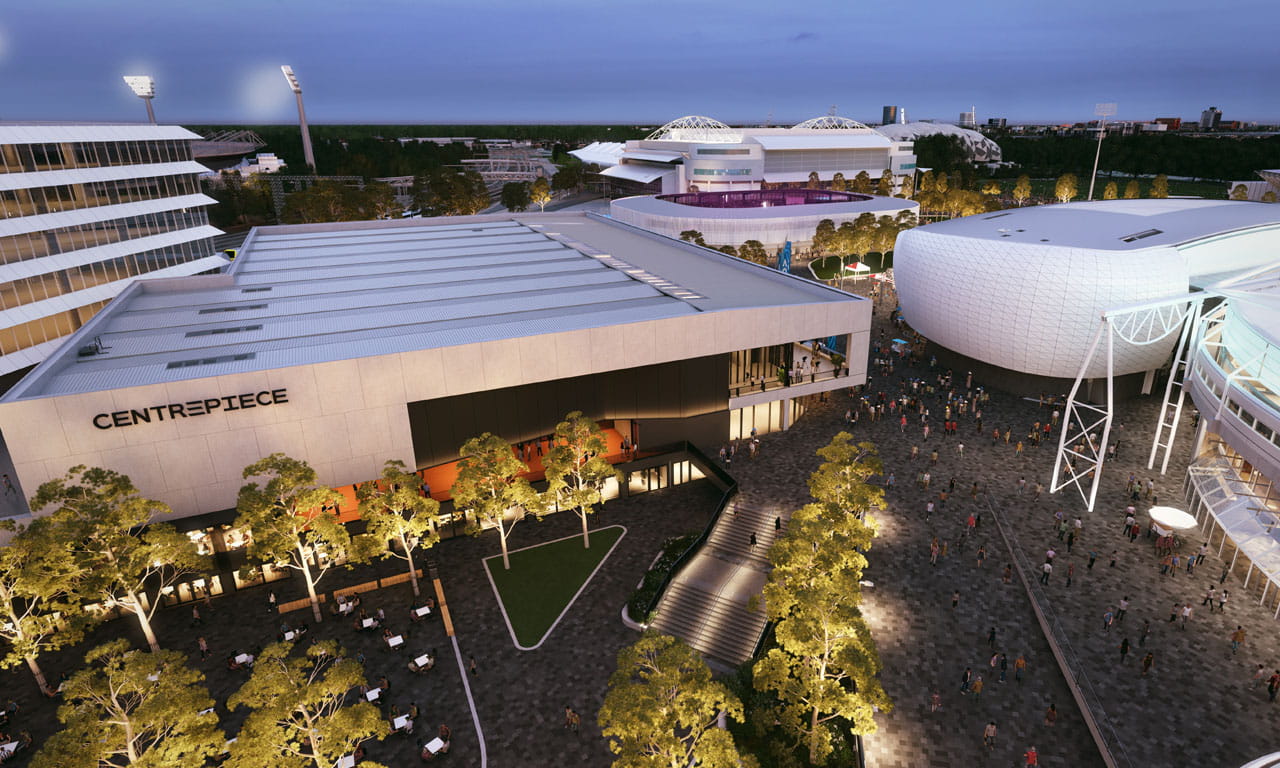 The Centrepiece events centre pays homage to the Australian landscape and elevates the park's capabilities. Image courtesy of Victorian Government Melbourne Park Redevelopment.