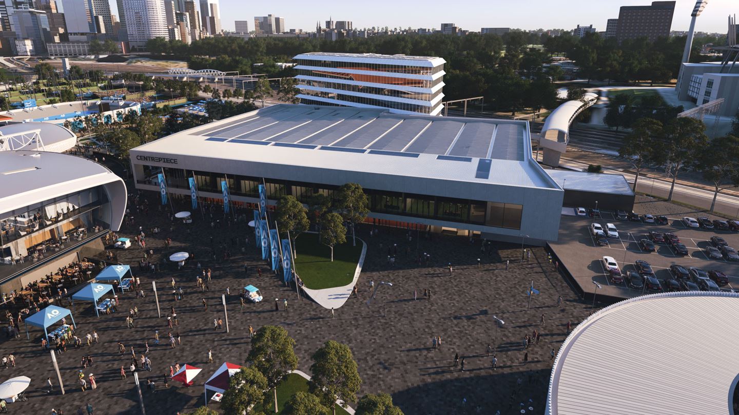 Melbourne Park, Media Centre. Image courtesy of Victorian Government Melbourne Park Redevelopment.