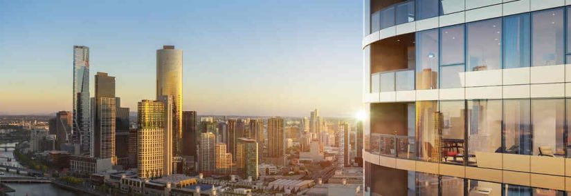 Melbourne Quarter residential tower with Yarra River view beyond. Image courtesy of Studio Magnified (acq. by Aurecon 2018)