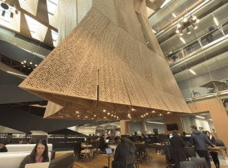 The celing’s design is by massive Laminated Veneer Lumber beams