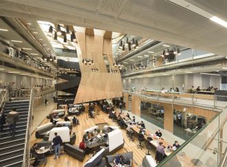 Spaces for peer learning and collaborative study prevail throughout the facility