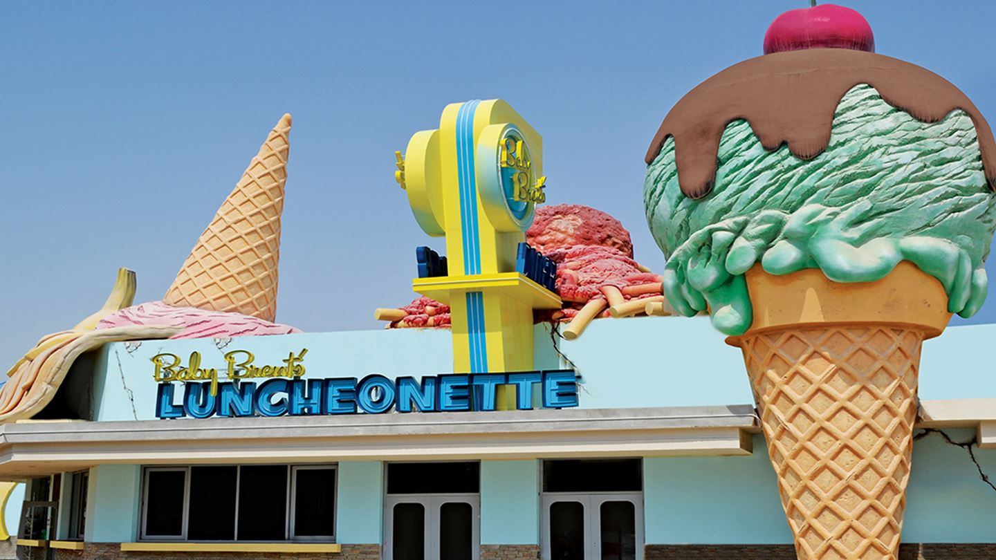 The giant ice-cream modelled in 3D attached to Brent's Luncheonette, an all-American fast food diner.