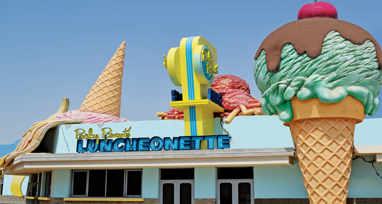 The giant ice-cream modelled in 3D attached to Brent's Luncheonette, an all-American fast food diner.