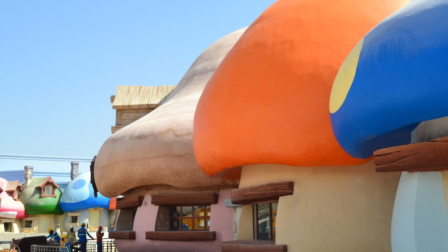 Mushroom houses in the Smurfs Village at MOTIONGATE™ Dubai theme park.