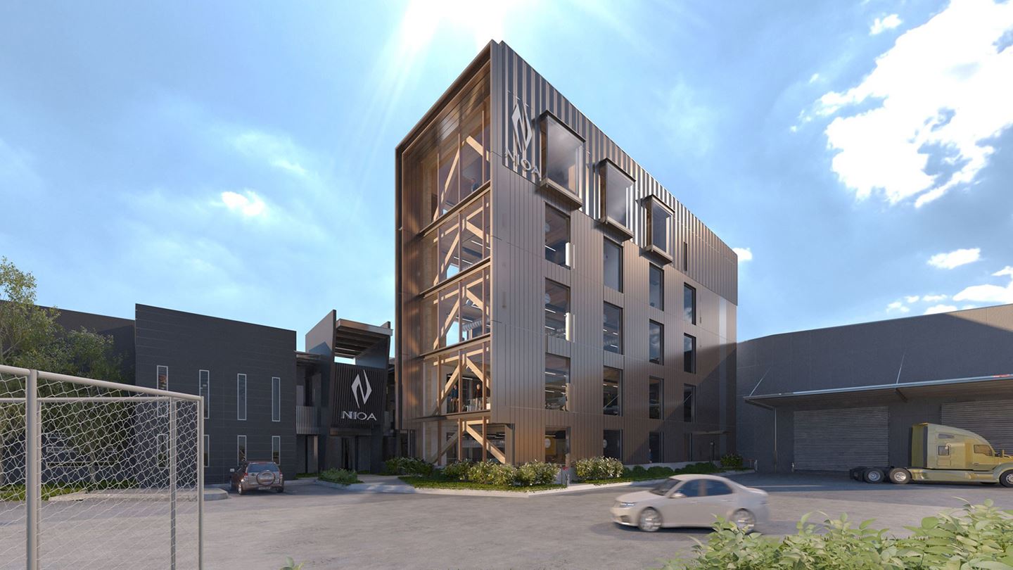 External rendering of NIOA headquarters expansion. Image courtesy of KIRK.