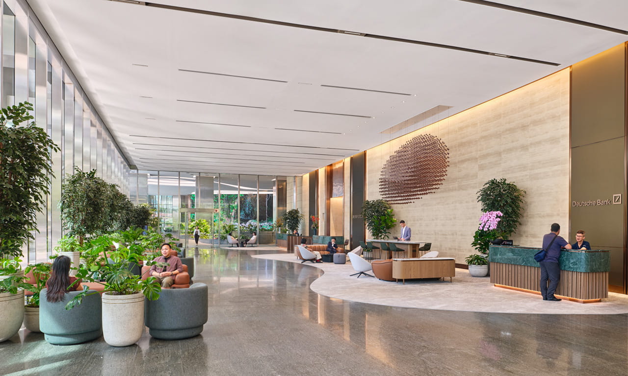 The refreshed South Tower lobby offers a comfortable space with additional seats and meeting areas.