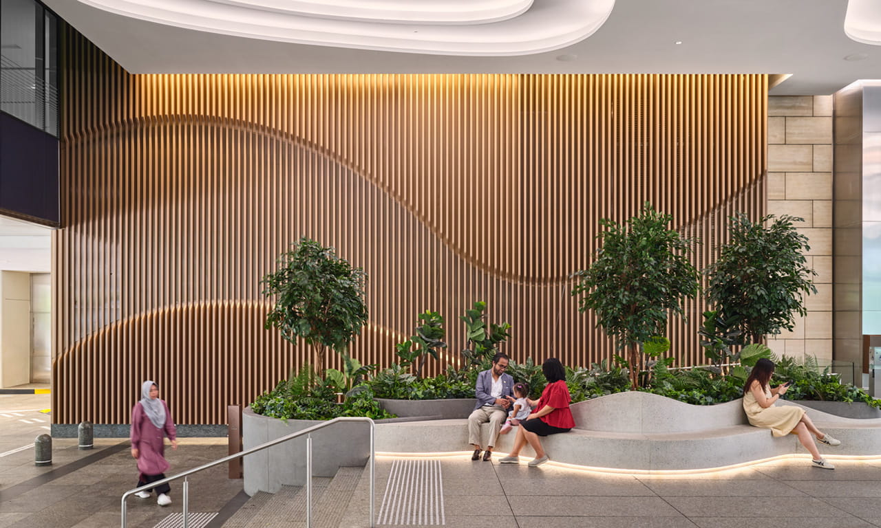The thoughtful design of the open plaza provides seating spaces for the wider community.