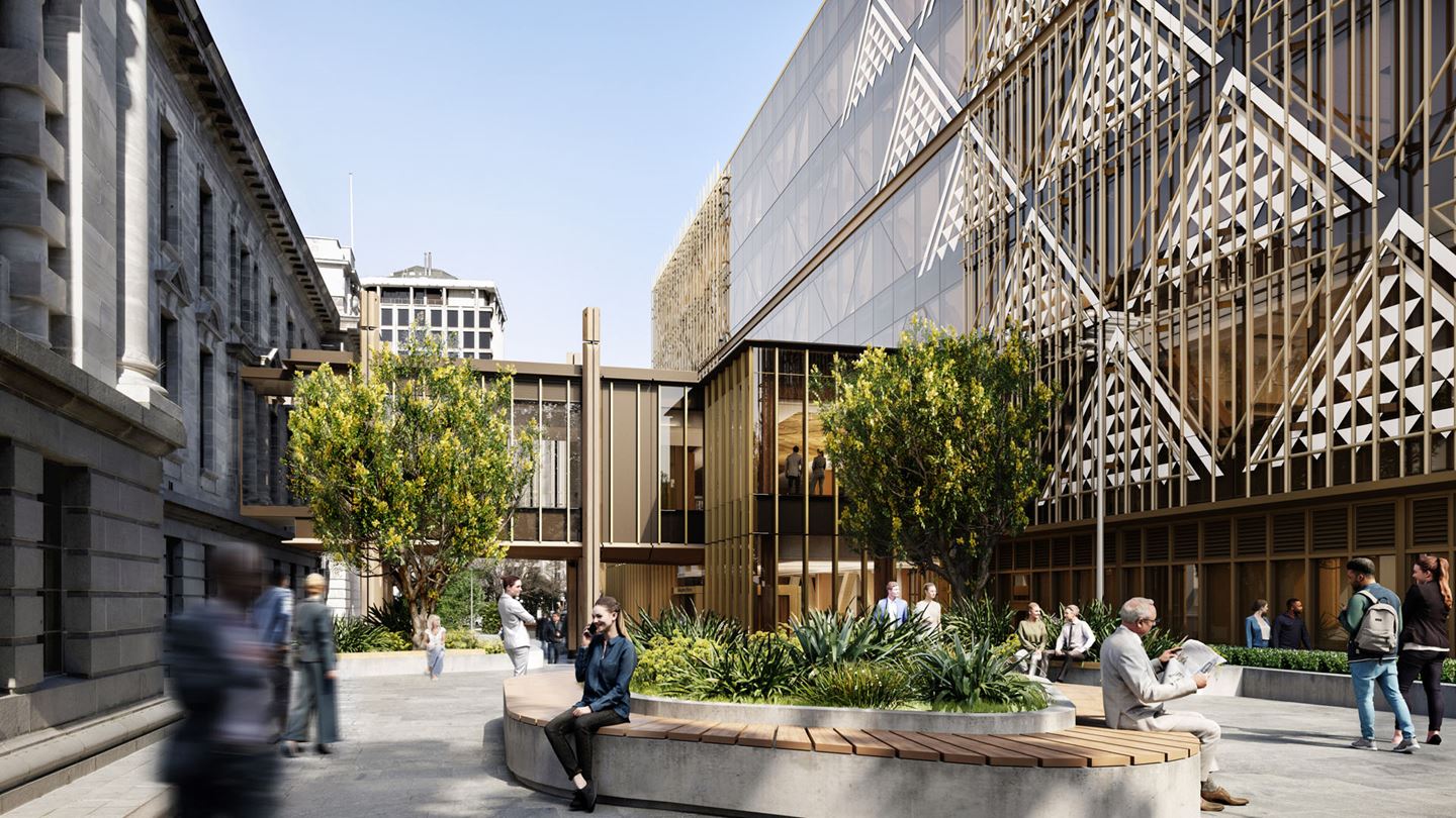 The Museum Street Plaza Building is designed to be modern and unique, utilising mass timber to lower the building’s carbon footprint. Image courtesy of Visualisations by One to One Hundred (OTOH).