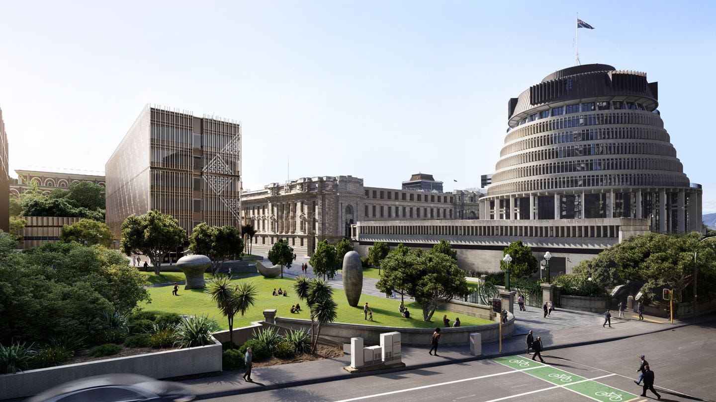 A concept design of New Zealand's Parliament new buildings. Image courtesy of Visualisations by One to One Hundred (OTOH).