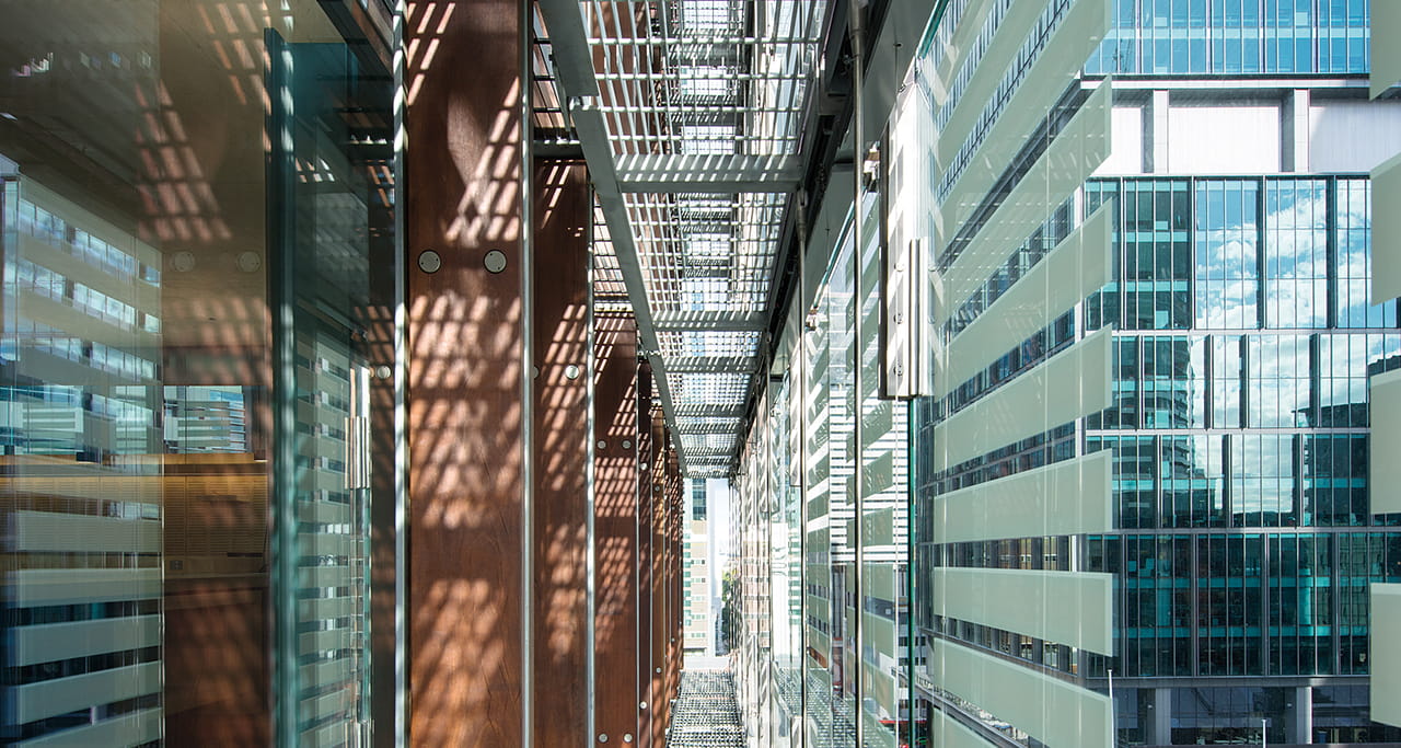 The double skin facade of the Queen Elizabeth II Courts of Law buildings.