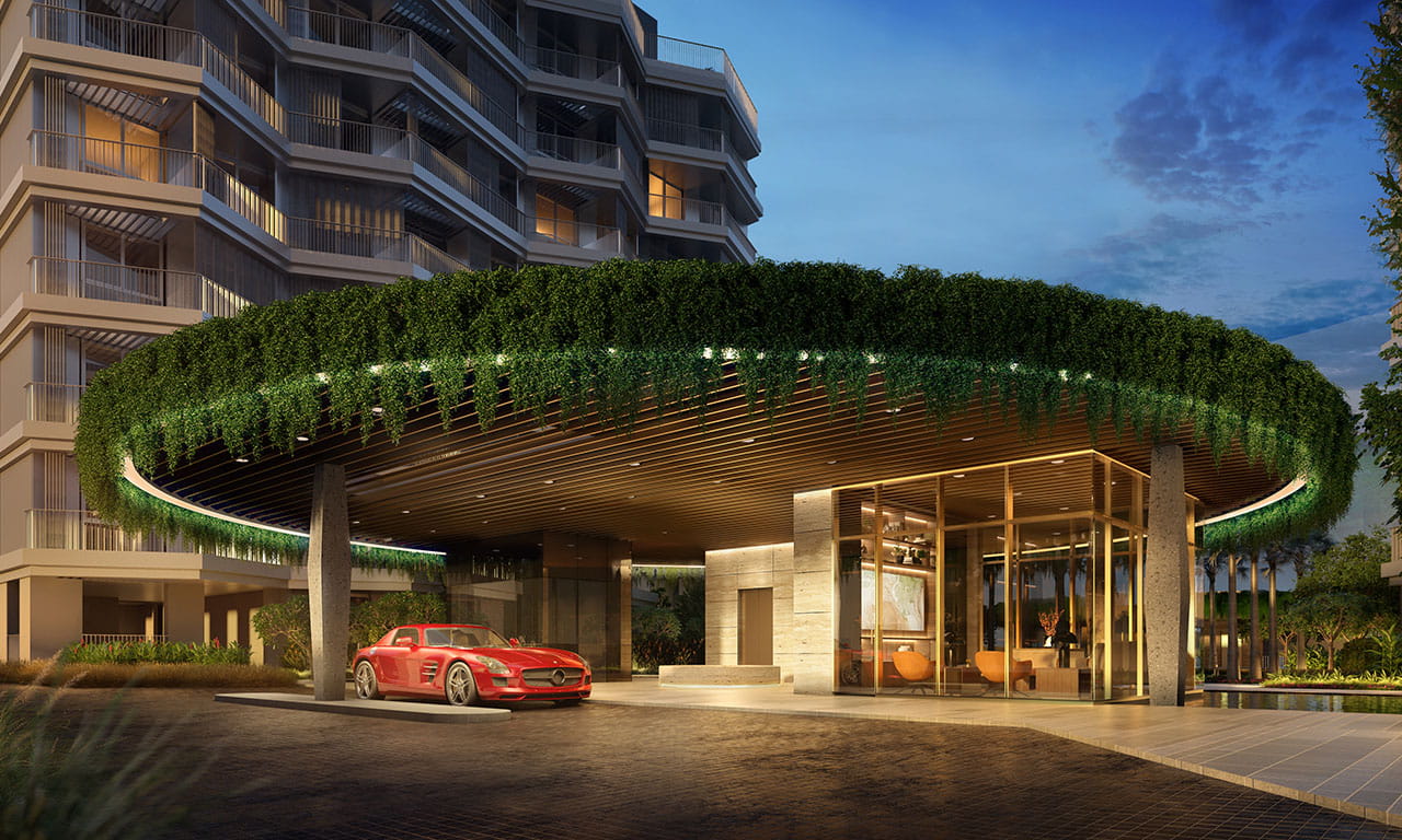 A feature of The Reef are shared amenities like this drop-off entrance pavilion.