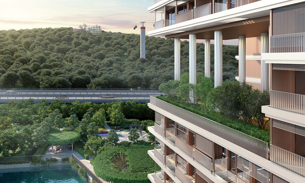 A multiple transfer structural system includes sky terraces located at the corners of block number 10. They are triple floor height and supported by columns.