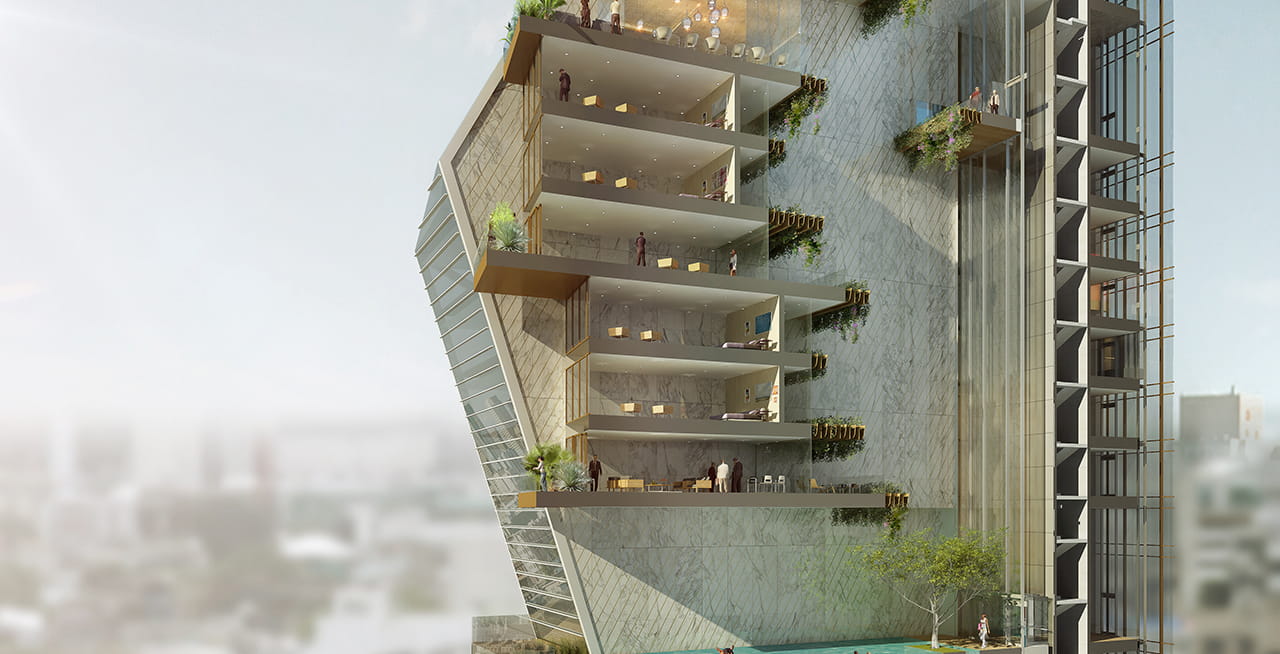 Cutaway rendering of the Rosewood Bangkok Hotel. Aurecon provides innovative, structural solutions to bring this iconic structure to life. Image courtesy of Kohn Pedersen Fox Associates.