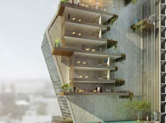 Cutaway rendering of the Rosewood Bangkok Hotel. Aurecon provides innovative, structural solutions to bring this iconic structure to life. Image courtesy of Kohn Pedersen Fox Associates.