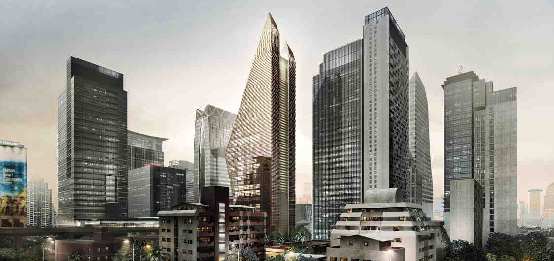 Architect’s view of the Rosewood Bangkok Hotel in the Bangkok skyline. Aurecon provides innovative, structural solutions to bring this iconic structure to life. Image courtesy of Kohn Pedersen Fox Associates.