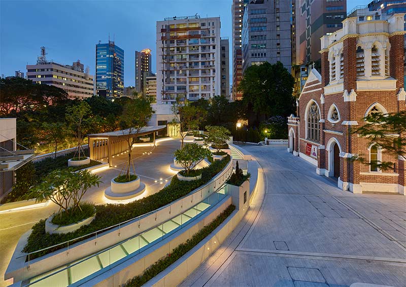 St Andrew’s Church Life Centre Roof Garden night view in Hong Kong.