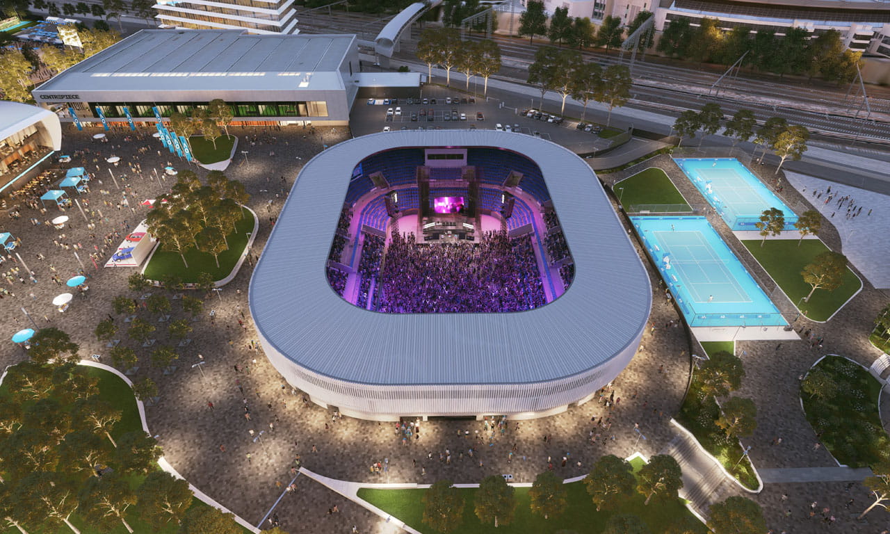 Aerial view of energy efficiency lighting upgrade to Melbourne Park Redevelopment. Image courtesy of Victorian Government Melbourne Park Redevelopment.