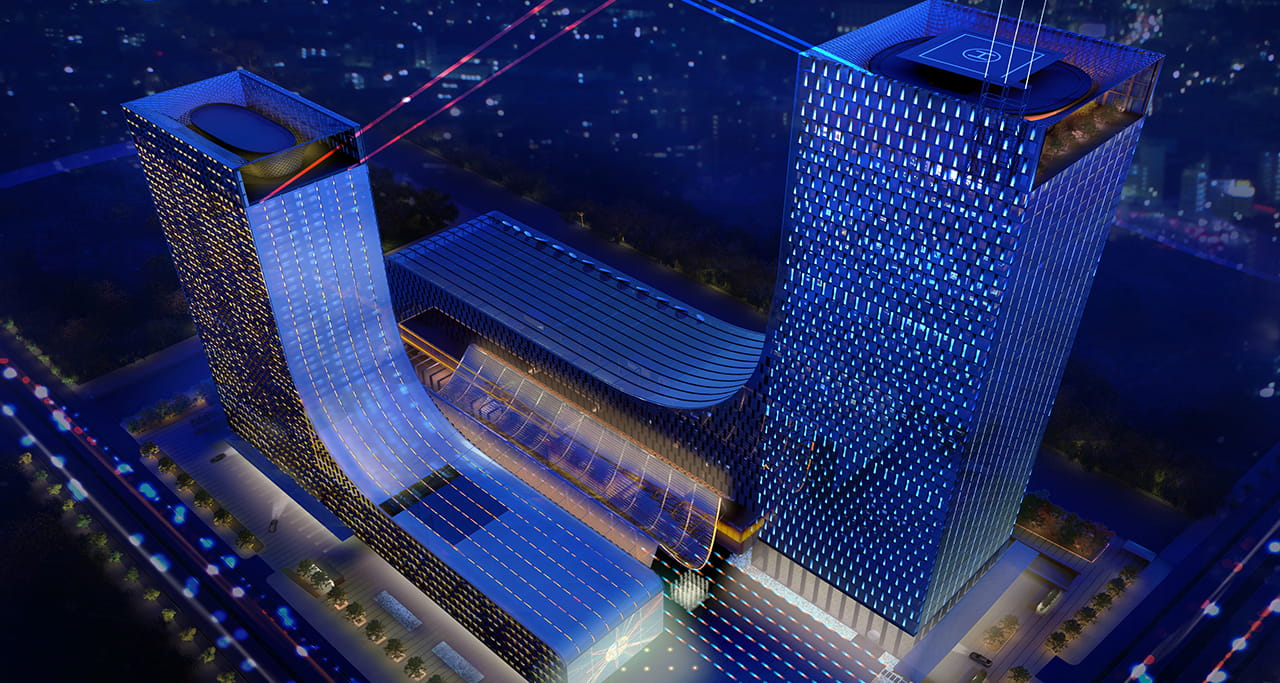 An aerial view looking down of the Suzhou Modern Media Plaza buildings.