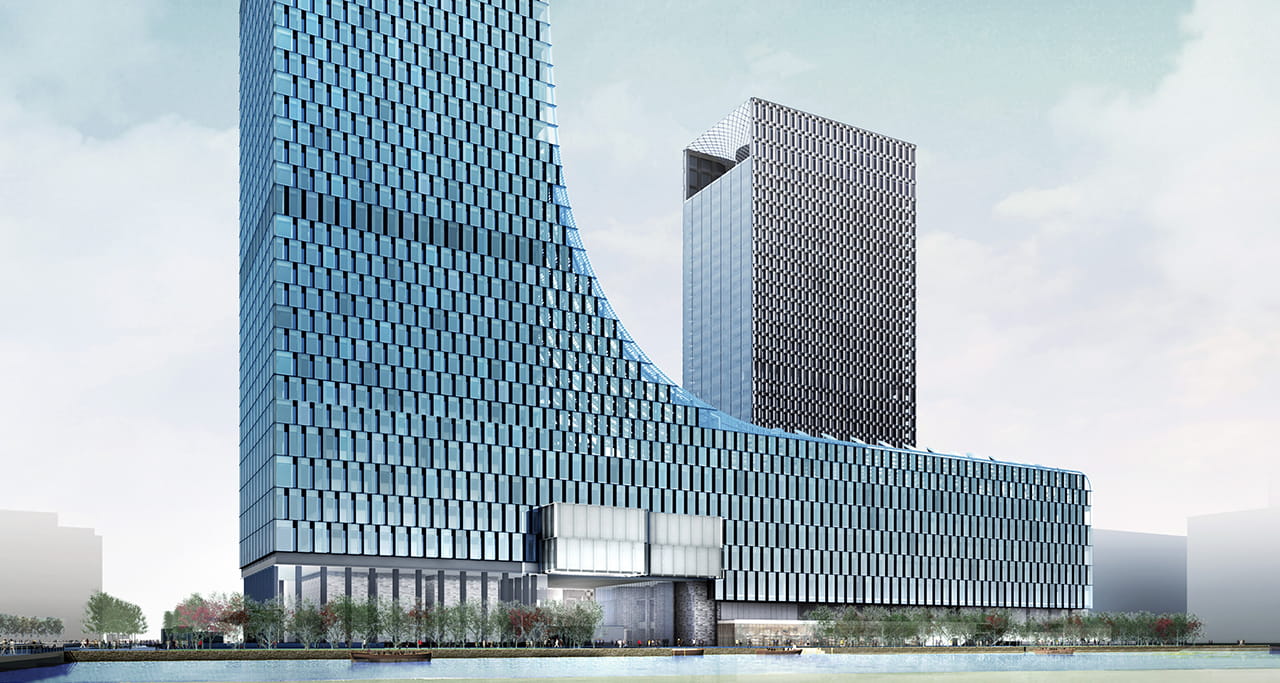 View from the ground of the Suzhou Modern Media Plaza buildings.