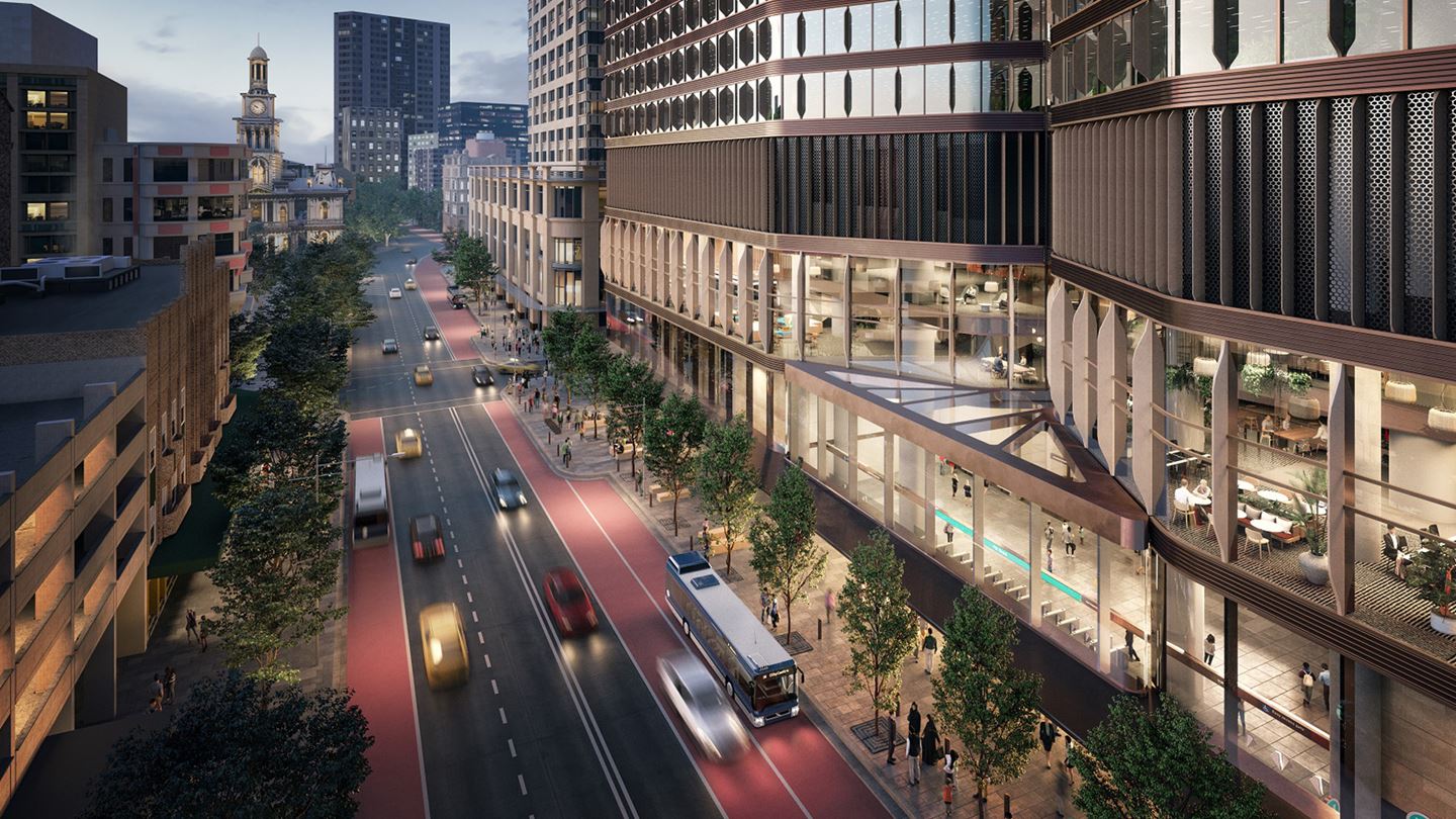 The new residential tower is constructed above the southern entry to Sydney Metro Gadigal Station, and the new office tower – Parkline Place – built above the northern entry (pictured). Image courtesy by Parkline Place.