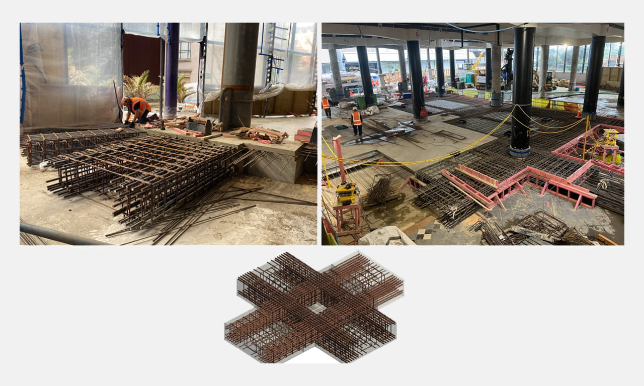 Our strengthening solution was cleverly chosen such that it enabled the foundation, and isolation works to essentially be de-coupled from the works on the floors above.
