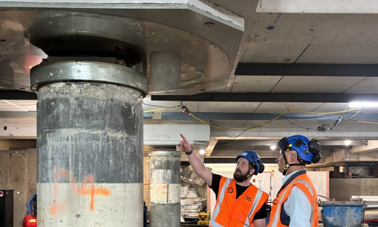 This dramatic performance improvement was achieved through 24 lead-rubber bearings and 58 slider bearings that limit seismic forces transmitted to the superstructure.