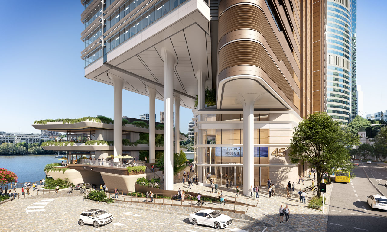New moorings for commercial crafts, including river taxis, and a new CityCat terminal will contribute to the riverfront ambiance. Concept image supplied by Dexus.