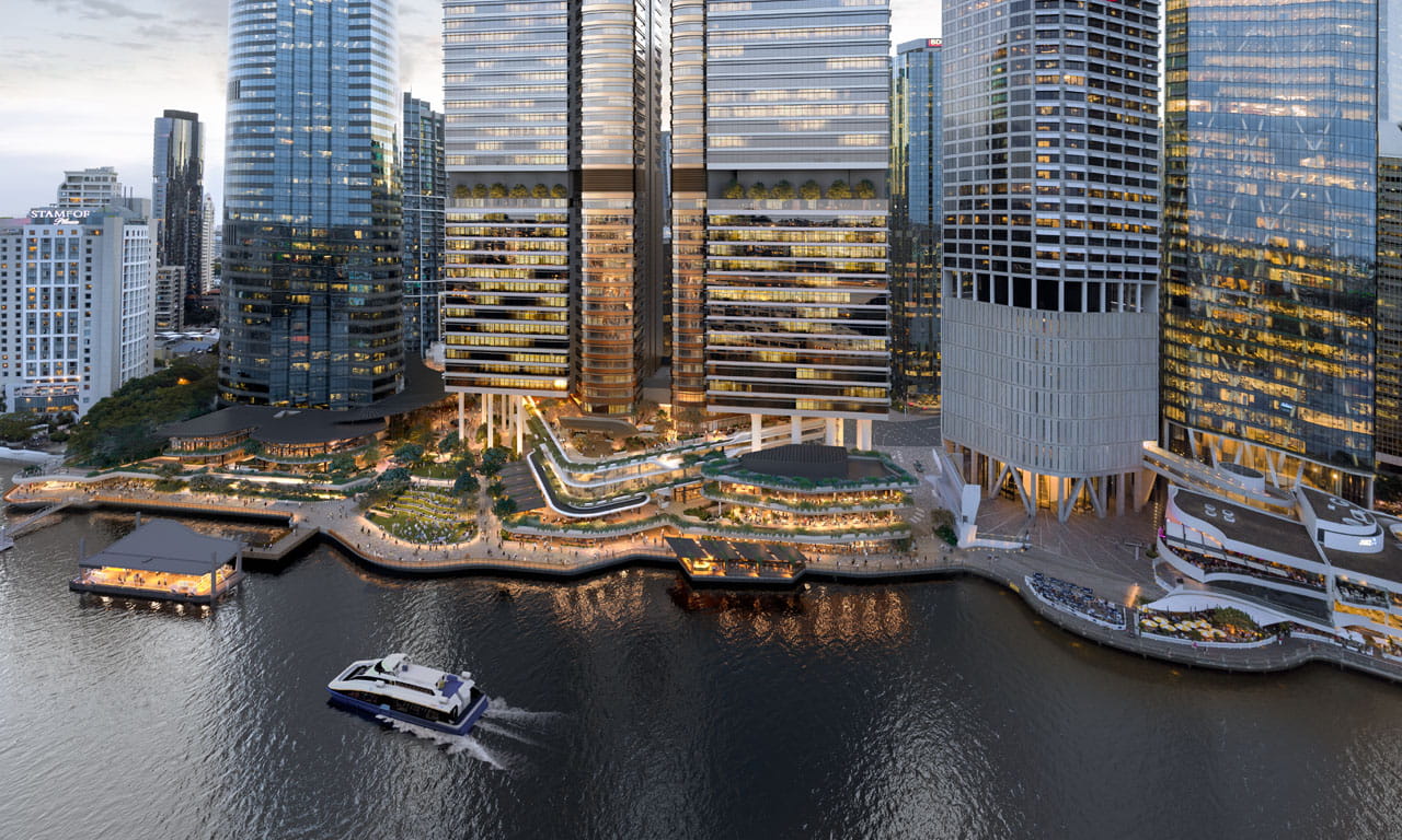 The city-shaping Waterfront Brisbane development will transform the waterfront into a global-standard, vibrant business, retail and leisure destination. Concept image supplied by Dexus.