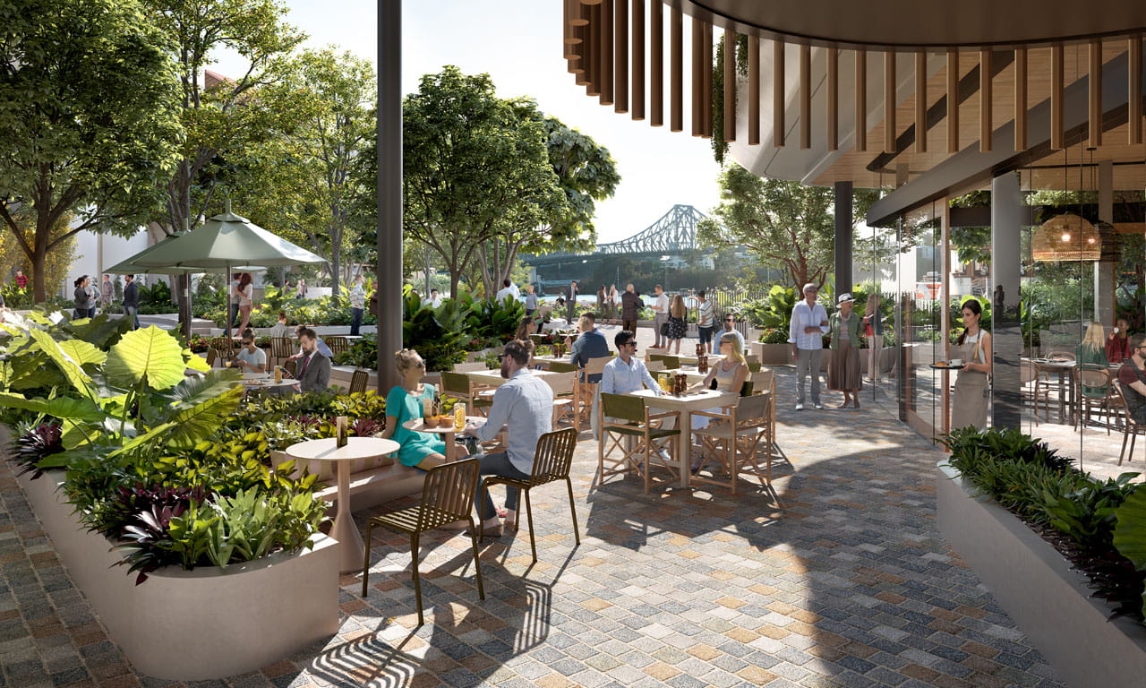 With enhanced open spaces and amenities and a premier waterfront dining hub, the Waterfront will invite people to stay. Concept image supplied by Dexus.