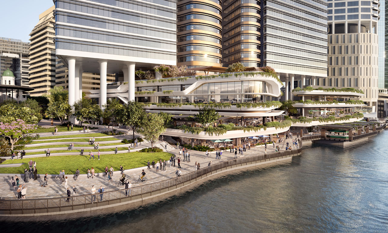 Revitalisation of Eagle Street Pier to create Waterfront Brisbane by co-owner Dexus and Dexus Wholesale Property Fund is delivering market-leading sustainability. Concept image supplied by Dexus.