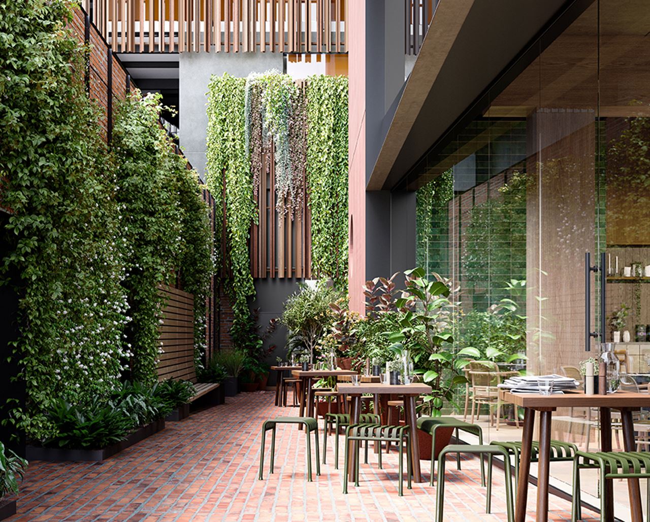 The outdoor laneway incorporated recycled bricks from the demolition, following environmental design principles. Courtesy of Impact Investment Group.