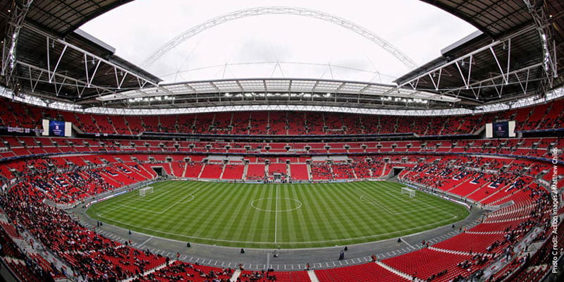 A view of the playing field at the infamous Wembley Stadium.