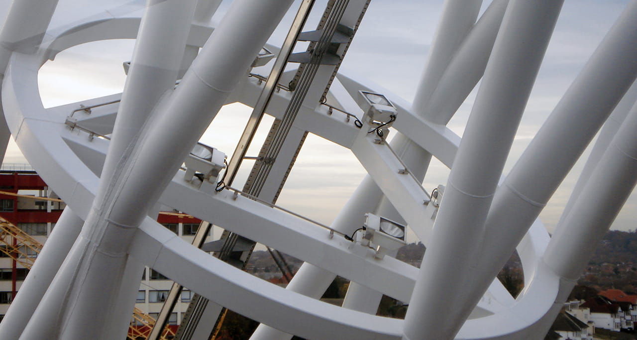 A close up of the Wembley Stadium Arch structure.