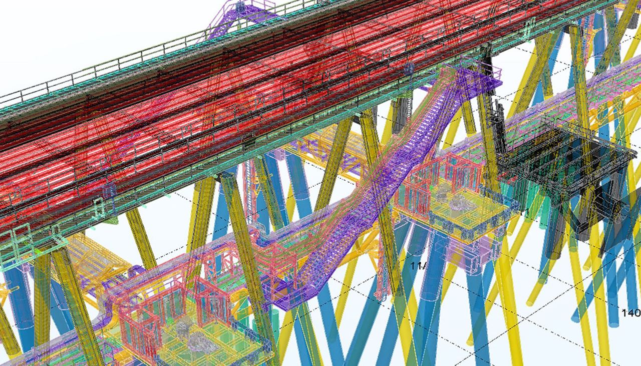Figure 1: Computer modelling of pile anchors, network of walkways and dolphin structures of at Cape Lambert.